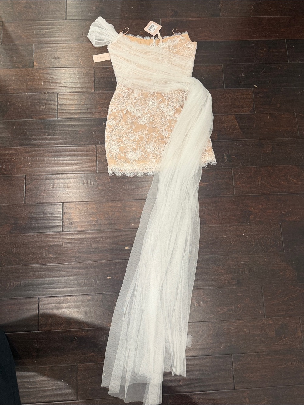 Strapless Lace Mini Dress with White Sheer Draped Overlay